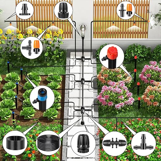235FT Drip Irrigation System Kit, Automatic Drip Irrigation Kit with 1/2 inch Hose 1/4 inch Distribution Tubing and Accessories