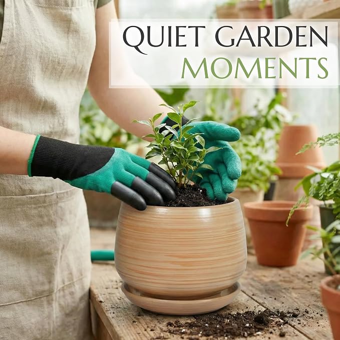 7.5 Inch Flower pots for Indoor Outdoor Plants with Saucer Drainage Leak-Proof Mesh, Ceramic Planter with Gardening Gloves for Succulent and Flower(Khaki Striated)