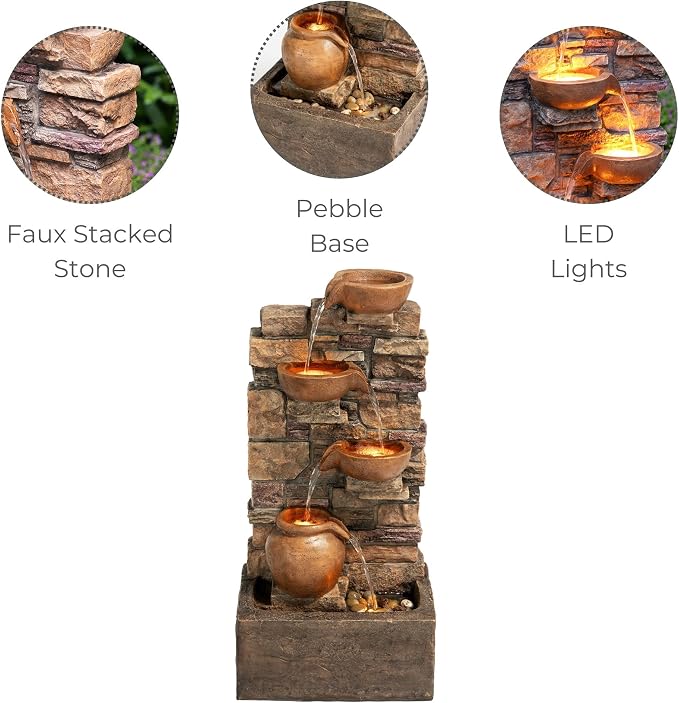 Teamson Home 28.5" Outdoor 4-Tier Stacked Stone Cascading Water Fountain with LED Lights, Brown | Cascading Water, LED Lights