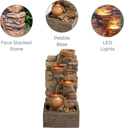 Teamson Home 28.5" Outdoor 4-Tier Stacked Stone Cascading Water Fountain with LED Lights, Brown | Cascading Water, LED Lights