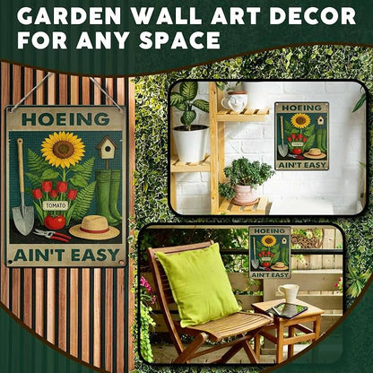 PEACHGARDEN Hoeing Ain't Easy Sign Funny Garden Metal Sign Yard Art Garden Wall Decor Patio Decor for Outdoor Porch Greenhouse Backyard Cabin 12x16 inch