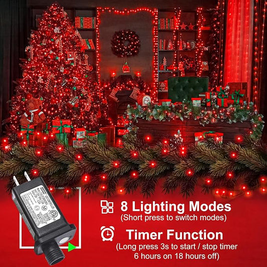 100FT 300 LED Christmas Lights Outdoor Indoor, Plug in, Green Wire, Red | Waterproof Christmas Tree Lights 8 Lighting Modes Connectable String Lights for Outside Patio Garden Xmas Holiday Decorations