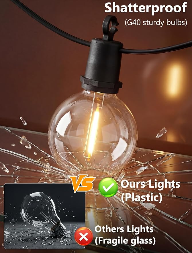LED Outdoor String Lights, 100FT G40 IP65 Waterproof Patio Lights | 50+2 Shatterproof Bulbs, UL Certified, Plug-In, Connectable, Hanging Light for Backyard Porch Home Decor, Warm White