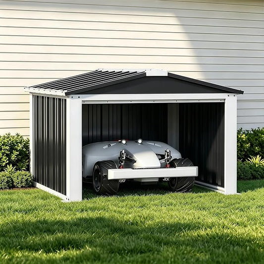 REEMOON 3x3 FT Metal Robot Mower Garage, Small Outdoor Shed, Black | Open-front metal shelter for robot mowers, garden tools, trash bins, and small backyard equipment; assembly required.