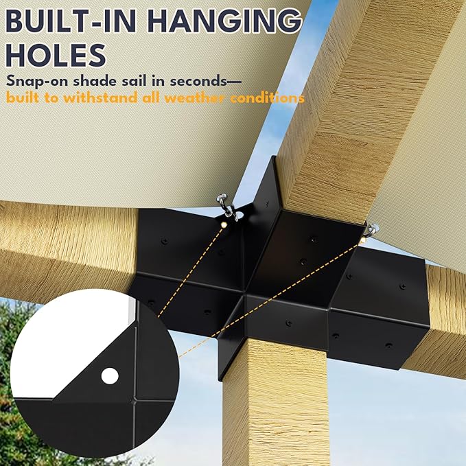 15° Slanted Pergola Bracket Kit, 4-Way Roof Wall Mount Pergola Set with Post Base for 4"x4" Posts for Gazebos, Patio Pergolas(Set of 3)