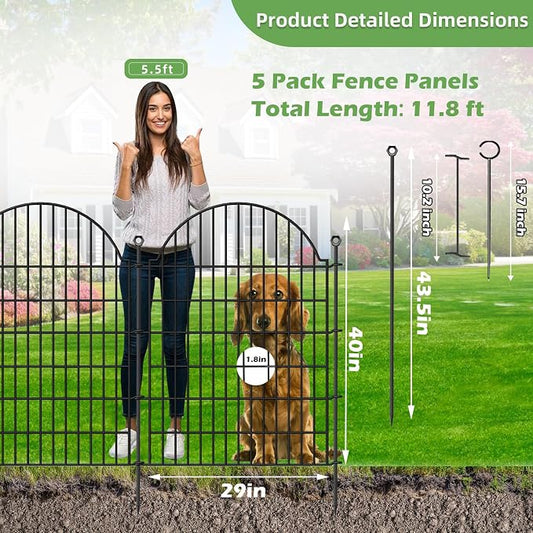 5 Panels Decorative Garden Fencing with Gate for Yard, 40in (H) x 11.8ft (L) No Dig Animal Barrier Fence, Rustproof Metal Wire Outdoor Dog Fences Panel Border with Temporary Ground Stakes