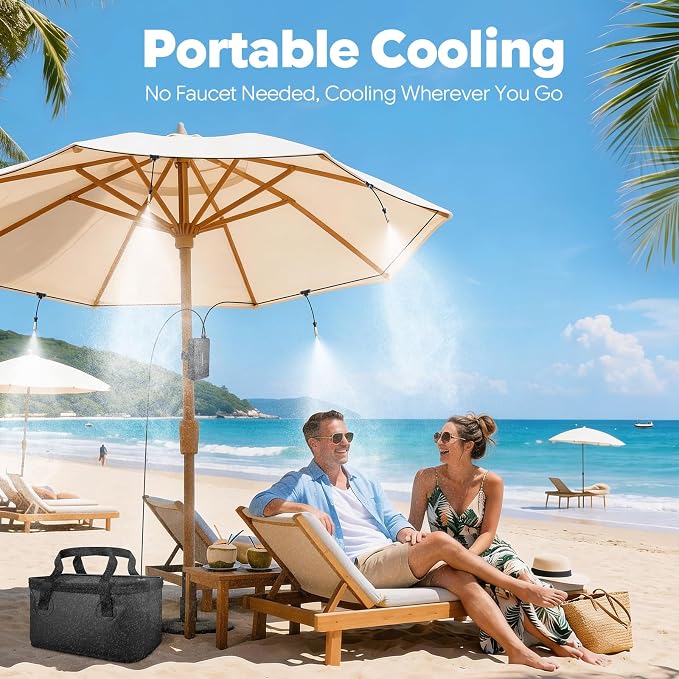 homenote Portable Misting System – 12,000mAh Pump, 20L Water Bucket, Misting Hose, 4 Brass Nozzles, Outdoor Cooling Misters for Canopy/Camping/Umbrella/Golf Cart/Dugout/Greenhouse