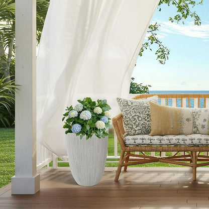 19" Mediterranean Beige Resin Tall Planters with Fluted Texture | Set of 2 resin tall planters with beige fluted texture, drainage plugs, and UV-resistant finish for porch, patio, or indoors