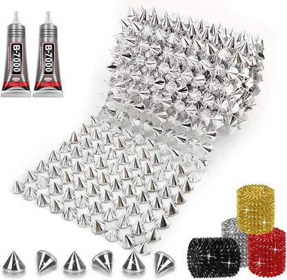 1 Yard Spike for Crafts Stude for Clothing, Silver Spike Stud with Glue, Cone Flatback Plastic Trim Mesh for Holloween Party Decoration Costume DIY Crafts
