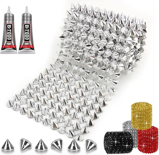1 Yard Spike for Crafts Stude for Clothing, Silver Spike Stud with Glue, Cone Flatback Plastic Trim Mesh for Holloween Party Decoration Costume DIY Crafts