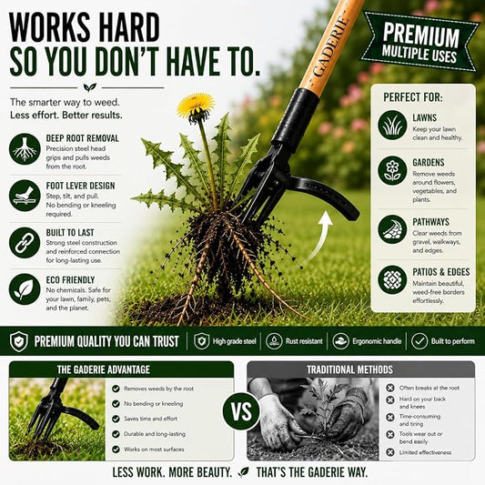 Premium Stand Up Weed Puller Tool with Long Bamboo Handle – Garden Weeder & Remover, 4-Claw Steel Head, Dandelion Digger for Lawn Care – Gardening Gift for Grandpa & Dad