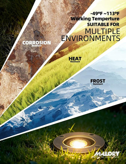 MALORY Brass Landscape Well Lights,(φ99 mm) 12V Low Voltage Outdoor In Ground Lights,Heavy Outdoor Lighting for Pathway, Driveway and Garden (Full Brass -01A, 4-Pack with Bulb)