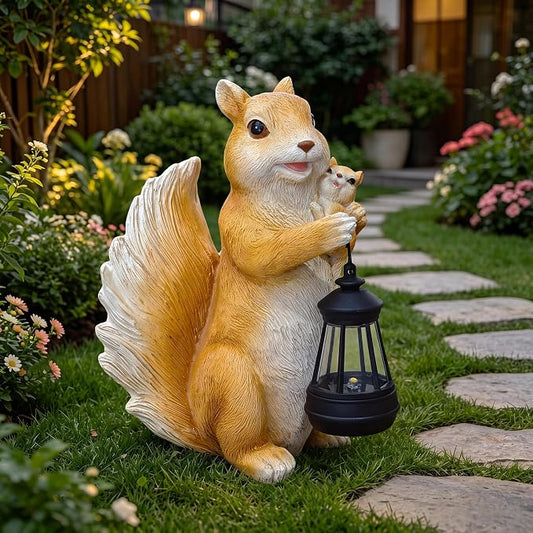 Solar Garden Statues Outdoor Decor – Cute Squirrel Statue with LED Lights, Waterproof Animal Figurine Lawn Ornament for Yard, Patio or Porch, Garden Decor Gift for Women & Mom