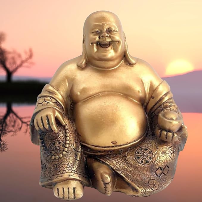 Bellaa Laughing Buddha Statue - 6 Inch Feng Shui Happy Monk Budai Hotei Figurine for Wealth, Luck & Happiness - Chinese Buddhist Zen Decor Copper Gold Finish Resin 21770