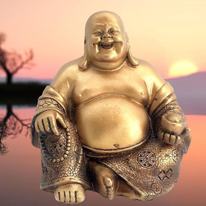 Bellaa Laughing Buddha Statue - 6 Inch Feng Shui Happy Monk Budai Hotei Figurine for Wealth, Luck & Happiness - Chinese Buddhist Zen Decor Copper Gold Finish Resin 21770