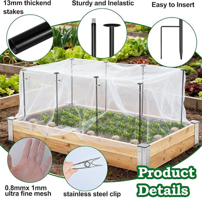 Metal Garden Netting Kit, 8 Pack 2.6ft Raised Garden Bed Net Support Stakes with 13×10ft Fine Mesh Insect Netting 16pcs Clips Bird Barrier Screen Cover for Protect Plant Vegetable Row from Animals Bug