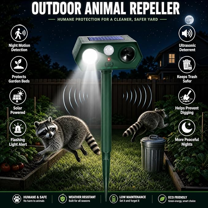 Solar Ultrasonic Animal Repeller with Red&Blue Light for Gardens, Farms and Courtyards, Outdoor Sonic Fortress Pro Deterrent for Deer, Raccoons, Squirrels, Cats, Rabbits, Skunks, Foxes & More(4Pack)