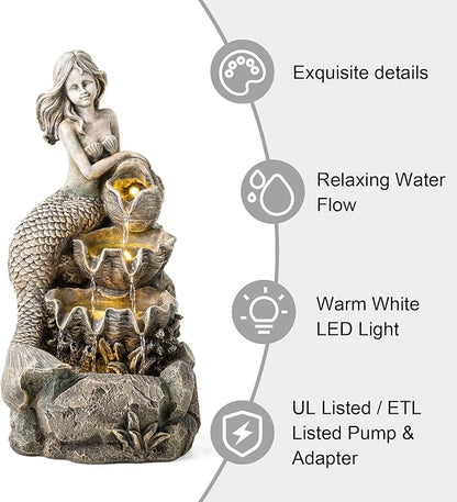 Glitzhome Water Fountain Outdoor, Outdoor Fountain with Lights & Pump, 22.25" H 4-Tiered Concrete Mermaid Polyresin Waterfall Floor Standing Water Feature for Garden, Patio, Yard, Deck, Porch
