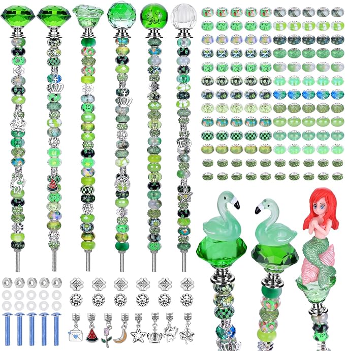 AIPRIDY DIY Crystal Beaded Fairy Wand Garden Stakes Kit, Colorful Decorative Wands with Assembly Guide, 12 or 10 Inch Threaded Rods,Outdoor Garden Decoration Set (158, Peridot+Hybrid Top)