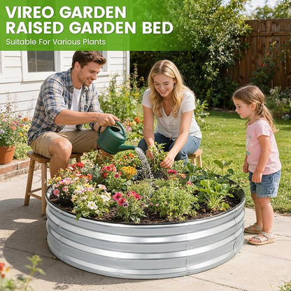 Galvanized Raised Garden Bed Outdoor | 4x4x1ft Metal Raised Beds for Gardening with Safety Rubber Strip | Round Planter Box for Plants Like Vegetables Fruits Flowers, Silver