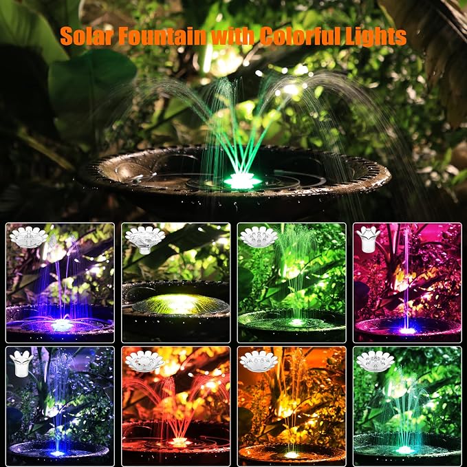 AISITIN Solar Fountain with Lights, 3.5W Solar Powered Bird Bath Fountain Pump with 1500mAh Battery Backup, 6 Nozzles, LED Outdoor Fountain for Pond, Pool, Garden & Fish Tank