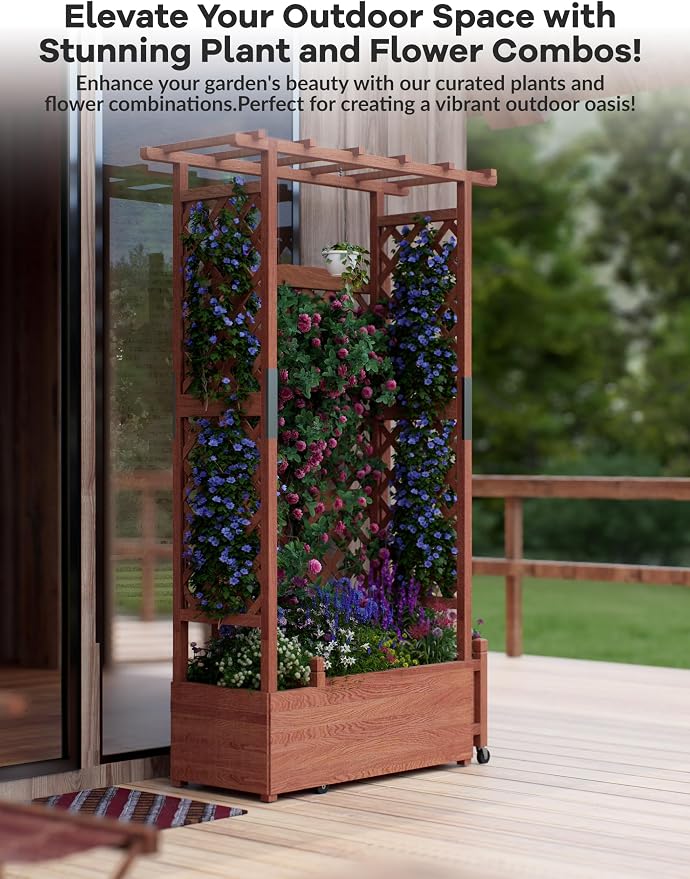 Patikuin 45" Elevated Wooden Raised Garden Bed with Trellis & Canopy, Freestanding Planter Box with Side Supports & Drainage Holes, Large Vertical Planter for Climbing Plants, Vines, Flowers, Patio