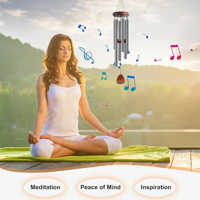 Bursvik Large Aluminium Wind Chimes 37 Inches to Create a Zen Atmosphere Suitable for Outdoor, Garden, Patio Decoration. Classic Wind Chimes with Wind Catcher Suitable as A Gift for Unisex,Silver Grey
