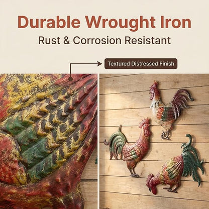 GUAN YANG Set of 3 Metal Rooster Wall Decor, 33x31cm Original Design Waterproof Sturdy Easy to Install Farmhouse Kitchen Wall Decor, Rustic Outdoor Patio Wall Art for Home Decor Gift