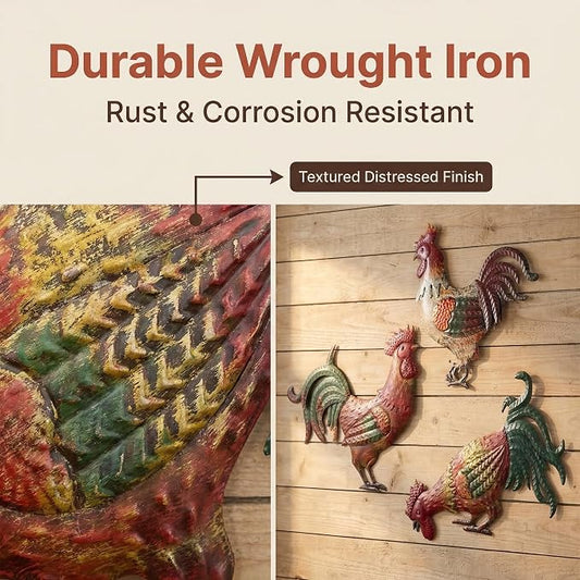 GUAN YANG Set of 3 Metal Rooster Wall Decor, 33x31cm Original Design Waterproof Sturdy Easy to Install Farmhouse Kitchen Wall Decor, Rustic Outdoor Patio Wall Art for Home Decor Gift