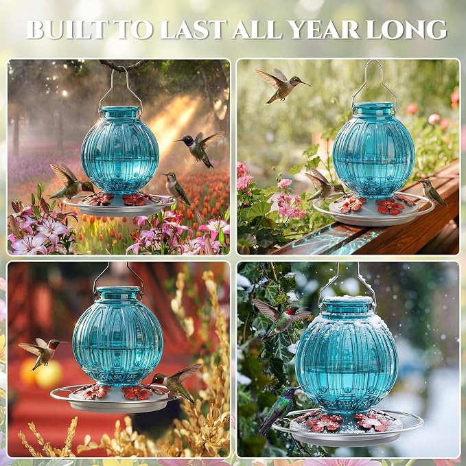 Glass Hummingbird Feeder for Outdoors Hanging, 26Oz Bird Nectar Feeder with Perch & 5 Flower Feeding Ports, Leak Proof for Outside Garden Decor Backyard, Gifts for Women Mom, Blue
