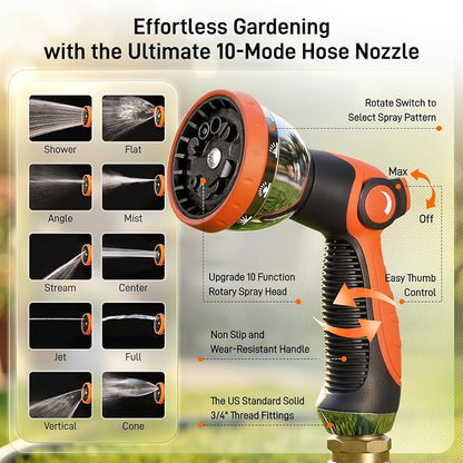 Garden Hose 100ft 5/8 Inch Heavy Duty All-Weather Flexible with Anti-Kink Swivel Connectors 550 PSI Leakproof Brass Fittings and 10-Mode Spray Nozzle