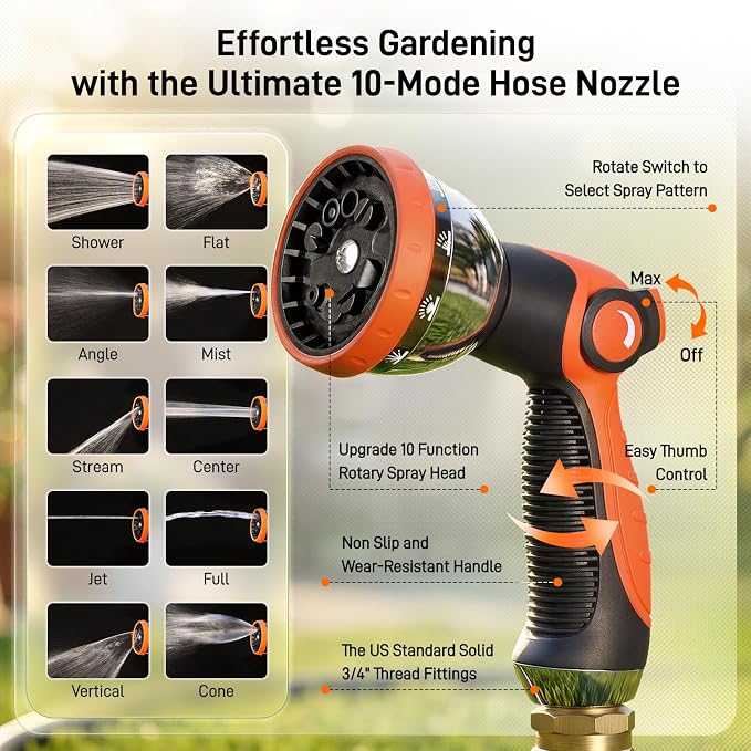 Garden Hose, 50ft 5/8" Heavy Duty Rubber Water Hose w/ 10-Mode Spray Nozzle, 550 PSI Burst, 360° Anti-Kink Swivel Connectors, All-Weather Flexible, Leakproof 3/4" Brass Male to Female Fittings