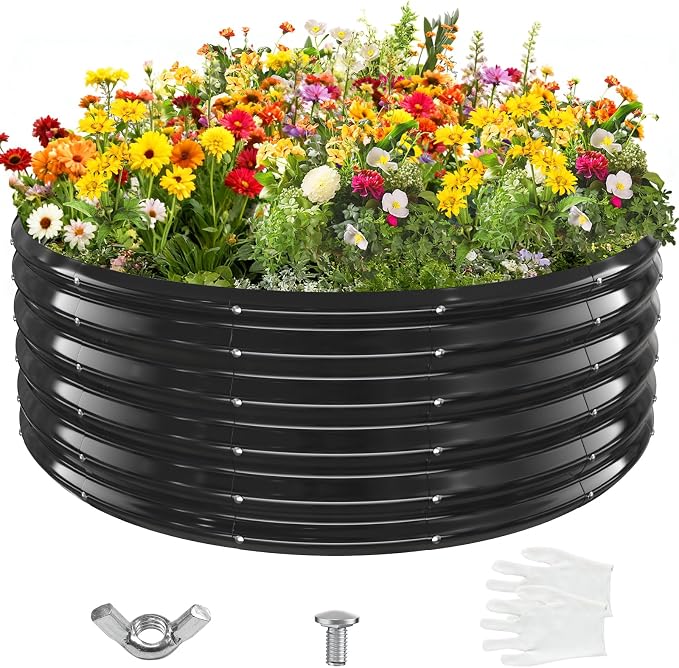 YSEJOMP 17" Tall 48" Diameter Round Raised Garden Bed Kits Outdoor Black | Heavy Duty,Rustproof,Durable & Stylish,1.5 FT Tall,4FT Planter Bed,0.8MM Thick Galvanized Metal Painted,with Gloves,Tool free
