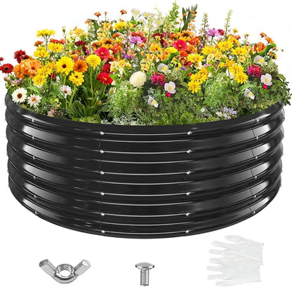 YSEJOMP 17" Tall 48" Diameter Round Raised Garden Bed Kits Outdoor Black | Heavy Duty,Rustproof,Durable & Stylish,1.5 FT Tall,4FT Planter Bed,0.8MM Thick Galvanized Metal Painted,with Gloves,Tool free