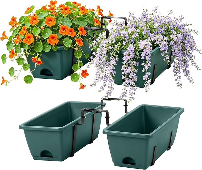 Deck Railing Planter Box Set of 2, Fence Hanging Balcony Window Boxes Planters with Adjustable Plant Hanger Bracket, 17" Railing Flower Boxes Outdoor for Porch Rail Patio Garden Décor, Green