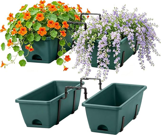 Deck Railing Planter Box Set of 2, Fence Hanging Balcony Window Boxes Planters with Adjustable Plant Hanger Bracket, 17" Railing Flower Boxes Outdoor for Porch Rail Patio Garden Décor, Green