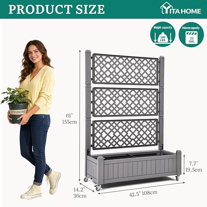 YITAHOME 3.6x1.5x5 FT Planter Box Trellis with Wheels, Large Outdoor Plastic Raised Garden Bed with Drain Plug for Climbing Plants, Light Brown