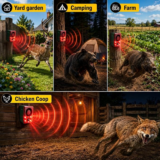 ChunHee Solar Outdoor Motion Sensor Alarm with Dog Barking Gunshot Sound, Support Recording and Adjustable Volume, 130db Loud Noise Maker 3 Work Modes Strobe Light for Home, Villa, Farm, Barn (4pack)