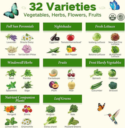 Zone 8 Heirloom Seed Bank, 32 Types Non-GMO Seeds for Planting Vegetables | 30,000+ Garden Seeds for Planting Herbs Fruits, Gardening Gifts for Women Men, Survival Seed Kit for Raised Beds Greenhouses