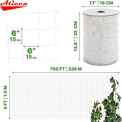 ATICCA Trellis Netting 5 x 750 ft Heavy Duty Polyester Plant Support Netting White - 6 Inch Garden Rope Trellis on Roll - Mesh Twine for Growing Vine Climbing Plants, Flowers, Peas, and Tomatoes.