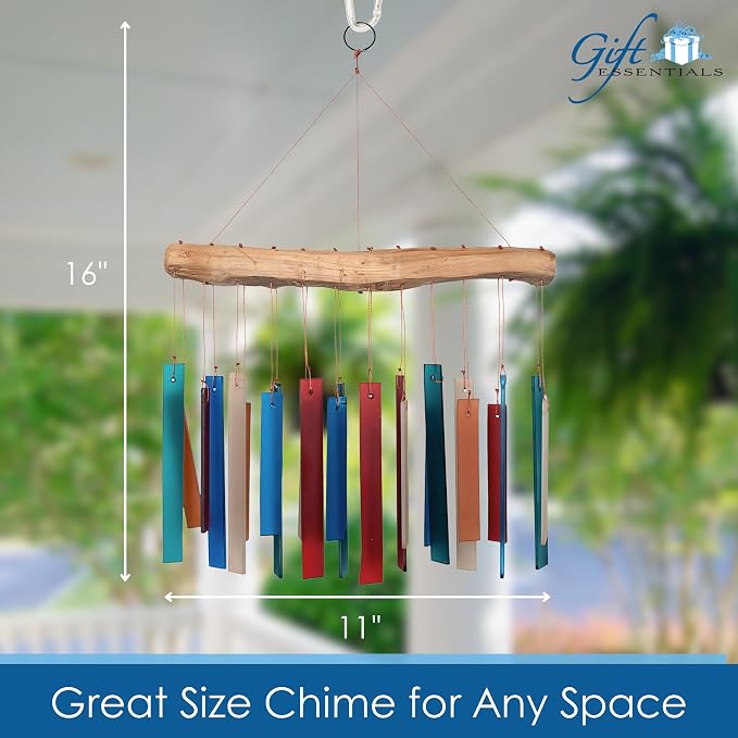 Blue Handworks Rectangle Glass Wind Chime Retro | Colorful Handcrafted Sandblasted Glass Wind Chime with Found Wood