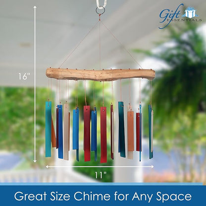 Blue Handworks Rectangle Glass Wind Chime Retro | Colorful Handcrafted Sandblasted Glass Wind Chime with Found Wood