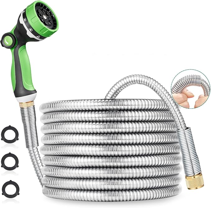 HOMEIDEAS 25 ft Leak-proof Stainless Steel Metal Garden Hose Set - Newly Premium SUS304 Spring Protective Sleeve, Anticorrosive 3/4" Brass Fittings - Perfect for Outdoor Watering
