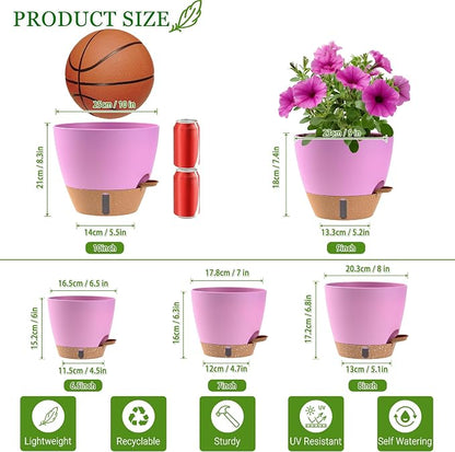 Self Watering Pots for Inoor Ourdoor Plants 10/9/8/7/6.5 Inch Plastic Planters with Drainage Holes & Water Level Indicator, Decorative House Flower Nursery Planting Pots with Saucers (Dusty Lavender)