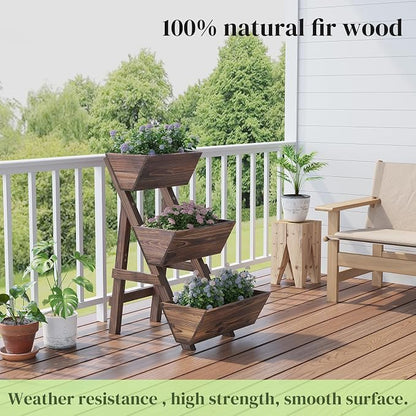 3-Tier Wooden Vertical Raised Garden Bed with Legs, Tiered Planter Box, Vertical Garden Planter,Wood Plant Stand Wood Flower Rack for Patio, Balcony, Freestanding. (Carbonized-Small)