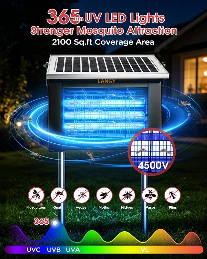 LANGY Solar Bug Zapper Outdoor, Upgrade 3-Tube 365nm Solar Mosquito Zapper Outdoor, 5000mAh Rechargeable 4500V Electric Fly Zapper Mosquitos Trap w 16.4ft Cord Auto On/Off for Yard Patio Camping