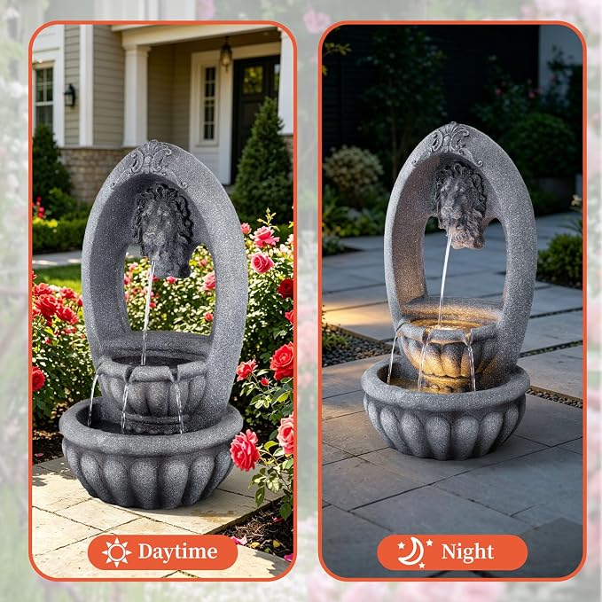31.1" H Lion Head Fountain, Floor-Standing Lion Fountain, Outdoor Water Fountain with LED Light, Water Feature for Garden Patio Backyard Deck Porch and Home Art Decor
