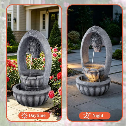 31.1" H Lion Head Fountain, Floor-Standing Lion Fountain, Outdoor Water Fountain with LED Light, Water Feature for Garden Patio Backyard Deck Porch and Home Art Decor