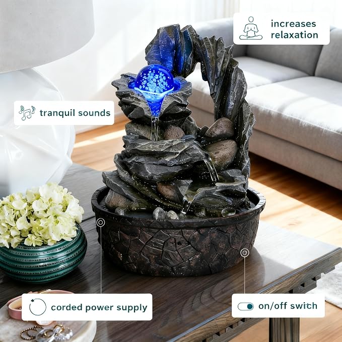 Three Bowls with Rotating Ball Flowing Tabletop Fountain Home Décor Indoor Decor Waterfall Sound Zen Mini Fountain Multicolor LED Light