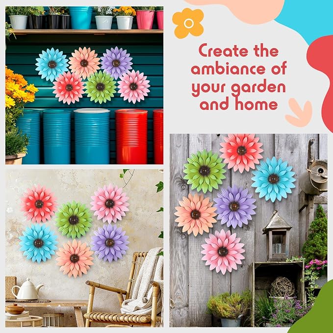 Zhehao 6 Pcs Metal Flower Wall Art Decor 8 Inch Sunflower Wall Decorations Hanging Outdoor Art Multicolored Handmade Metal Flowers Outdoor Decor (Morandi Color)